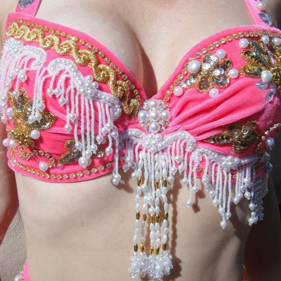 Ameynra Belly Dance Costume Pink Velvet Size L New - Picture 2 of 3